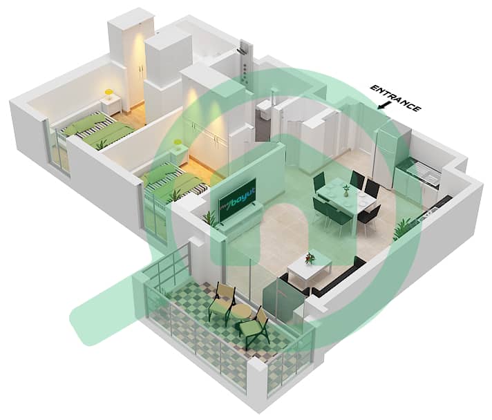 المخططات الطابقية لتصميم الوحدة 7 FLOOR 7-9 شقة 2 غرفة نوم - بايشور 2 Unit 7 Floor 7-9 interactive3D