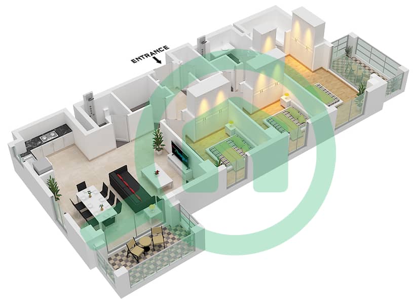 Бейшор 2 - Апартамент 3 Cпальни планировка Единица измерения 8 FLOOR 2-9 Unit 8 Floor 2,3,4,5,6,7,8,9 interactive3D