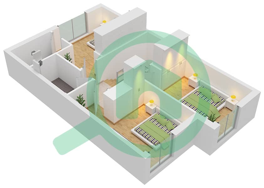 المخططات الطابقية لتصميم النموذج B تاون هاوس 3 غرف نوم - حيان First Floor interactive3D