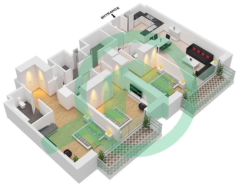المخططات الطابقية لتصميم النموذج / الوحدة 5/UNIT 04/FLOOR 16 شقة 3 غرف نوم - آكت ون | آكت تو interactive3D