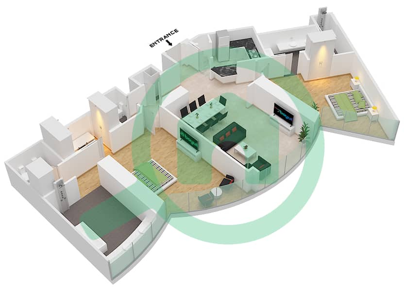 المخططات الطابقية لتصميم النموذج C 1663 SQF شقة 2 غرفة نوم - برج خليفة interactive3D