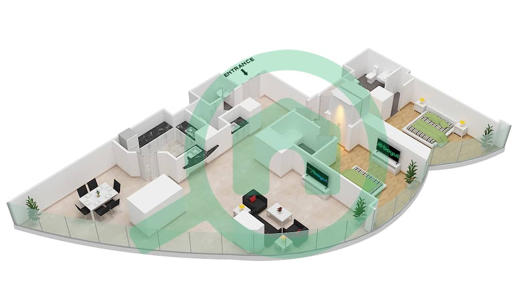 哈利法塔 - 2 卧室公寓类型D 1888 SQF戶型图 interactive3D