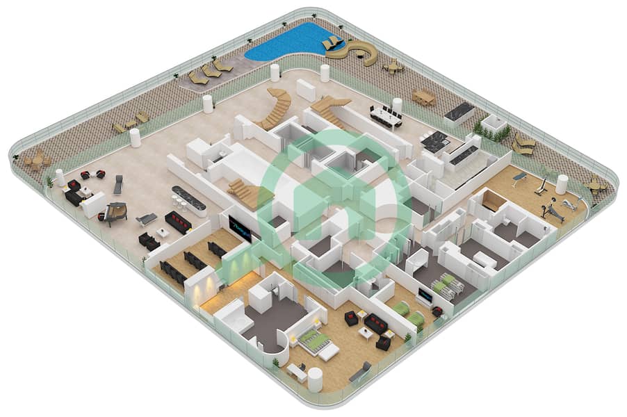 المخططات الطابقية لتصميم الوحدة B-1701 بنتهاوس 6 غرف نوم - محيط Lower Floor interactive3D