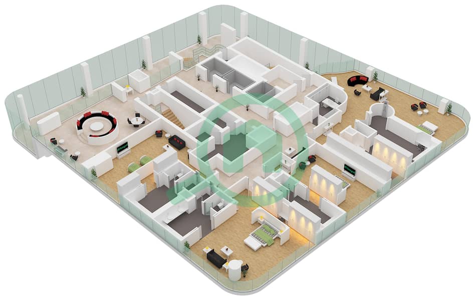 المخططات الطابقية لتصميم الوحدة B-1701 بنتهاوس 6 غرف نوم - محيط Upper Floor interactive3D