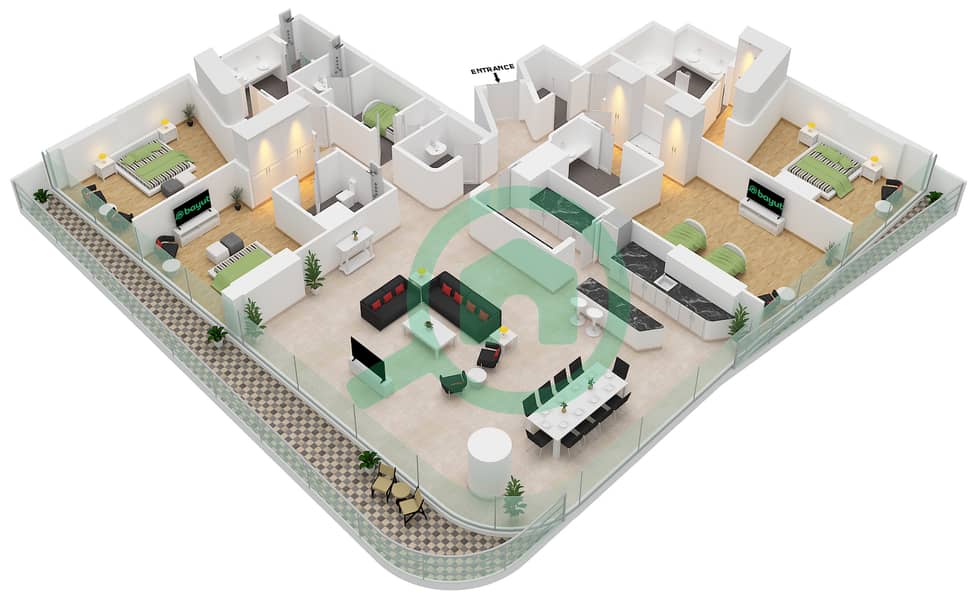 المخططات الطابقية لتصميم الوحدة B-507 بنتهاوس 4 غرف نوم - محيط interactive3D
