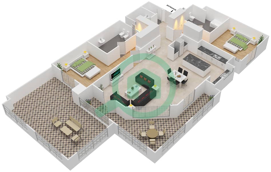 المخططات الطابقية لتصميم النموذج 4 شقة 2 غرفة نوم - بروميناد القرم الشرقي 2 interactive3D