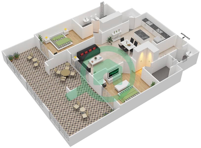 المخططات الطابقية لتصميم النموذج 2 شقة 2 غرفة نوم - بروميناد القرم الشرقي 2 interactive3D