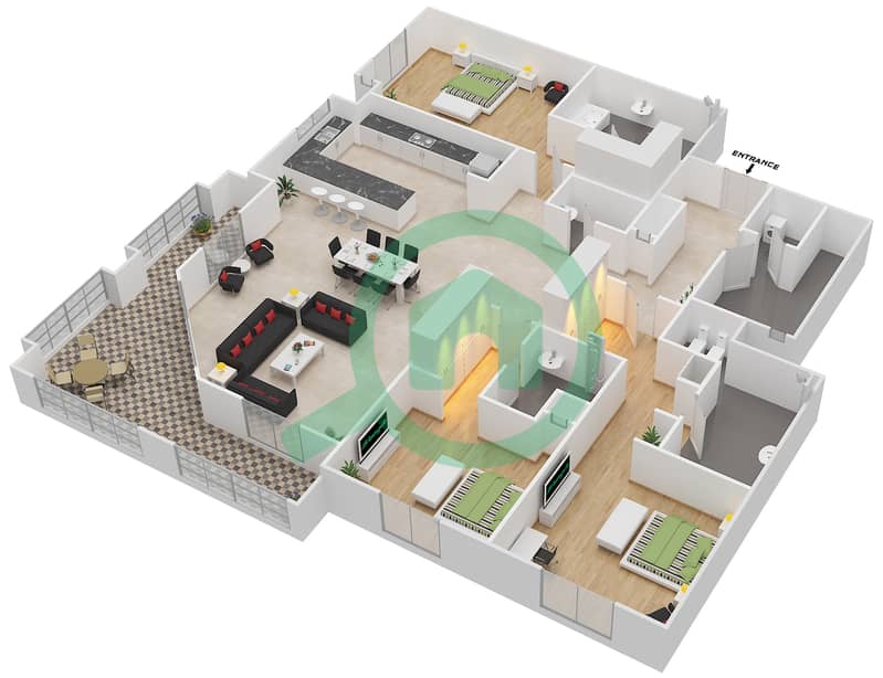 المخططات الطابقية لتصميم النموذج 1 شقة 3 غرف نوم - بروميناد القرم الشرقي 2 interactive3D