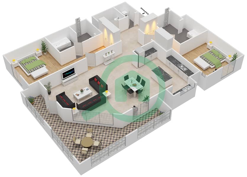 Eastern Mangrove Promenade 2 - 2 Bedroom Apartment Type 1 Floor plan interactive3D