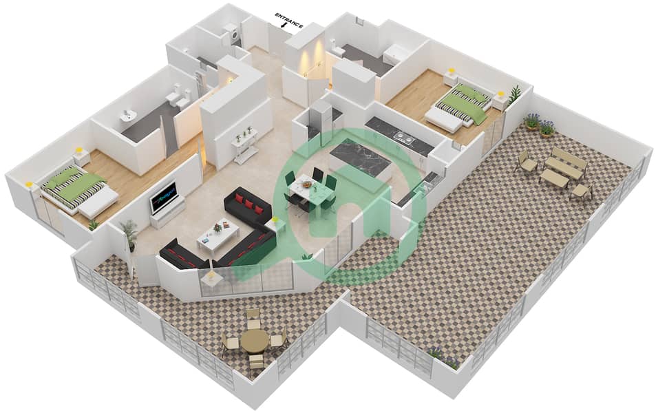 东方红树林滨江大道1号 - 2 卧室公寓类型7戶型图 interactive3D
