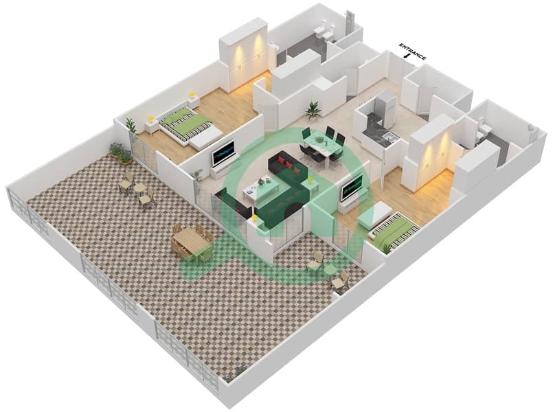 المخططات الطابقية لتصميم النموذج 5 شقة 2 غرفة نوم - بروميناد القرم الشرقي 2 interactive3D