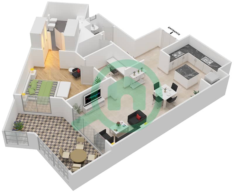 东方红树林滨江大道1号 - 1 卧室公寓类型3戶型图 interactive3D
