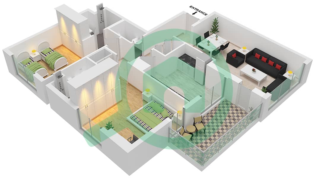 RA1N Residence - 2 卧室公寓类型／单位C / UNIT 7 FLOOR 9,12,15戶型图 C / Unit 7 Floor 9,12,15 interactive3D