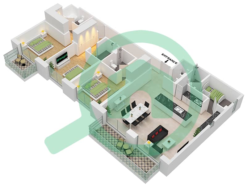 Джомана 6 - Апартамент 3 Cпальни планировка Тип/мера A / BL6-103,303,403 Building no. 6 / Floor 1,3-4 interactive3D