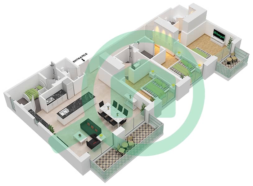 Джомана 6 - Апартамент 3 Cпальни планировка Тип/мера B / BL6-105,305,405 Building No. 6 / Floor 1,3-4 interactive3D