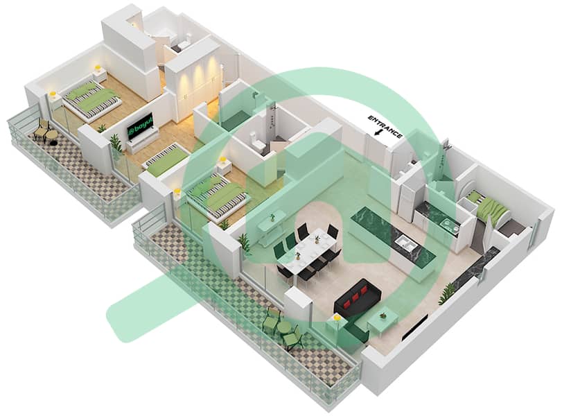 Джомана 6 - Апартамент 3 Cпальни планировка Тип/мера A / BL6-203 Building No. 6 / Floor 2 interactive3D