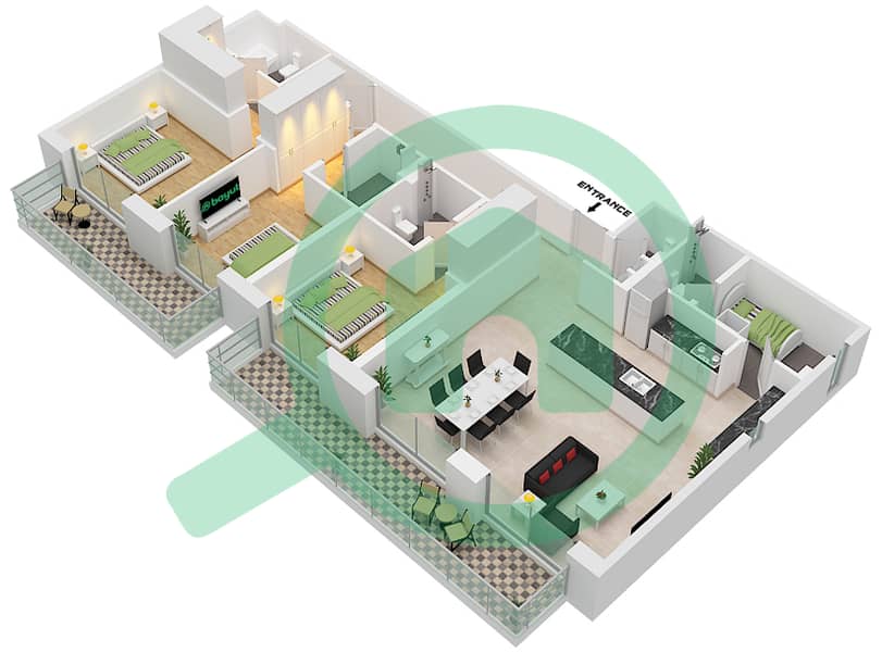 Jomana 6 - 3 Bedroom Apartment Type/unit A / BL6-203 Floor plan Building No. 6 / Floor 2 interactive3D