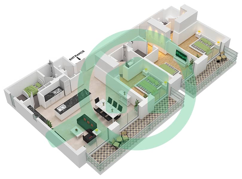 乔马纳6号公寓 - 3 卧室公寓类型／单位B / BL6-205戶型图 Building No. 6/ Floor 2 interactive3D