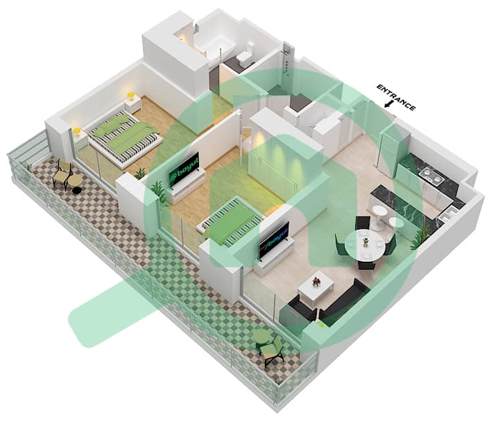 Джомана 6 - Апартамент 2 Cпальни планировка Тип/мера B / BL6-502 Building No. 6/ Floor 5 interactive3D