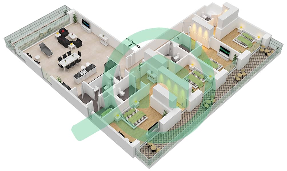 Джомана 6 - Апартамент 4 Cпальни планировка Тип/мера A / BL6-505 Building No. 6 Type A Unit 505  Floor 5 interactive3D