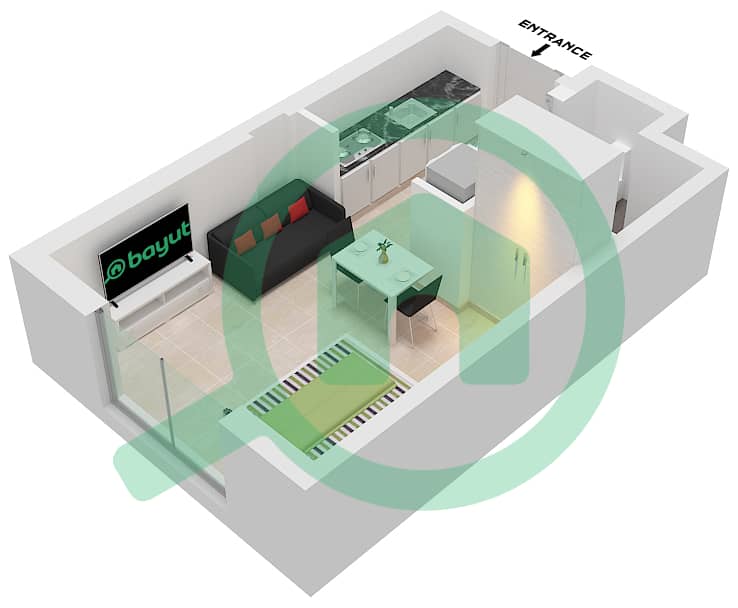 المخططات الطابقية لتصميم النموذج A شقة استوديو - مساكن الدبلوماسيين interactive3D