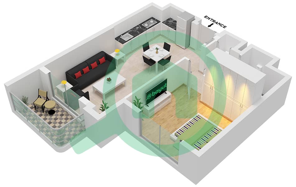 المخططات الطابقية لتصميم النموذج A شقة 1 غرفة نوم - مساكن الدبلوماسيين interactive3D