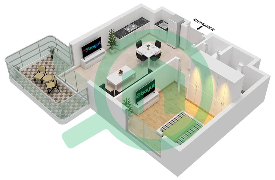 المخططات الطابقية لتصميم النموذج B شقة 1 غرفة نوم - مساكن الدبلوماسيين interactive3D