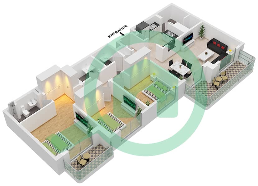 المخططات الطابقية لتصميم النموذج A شقة 3 غرف نوم - مساكن الدبلوماسيين interactive3D