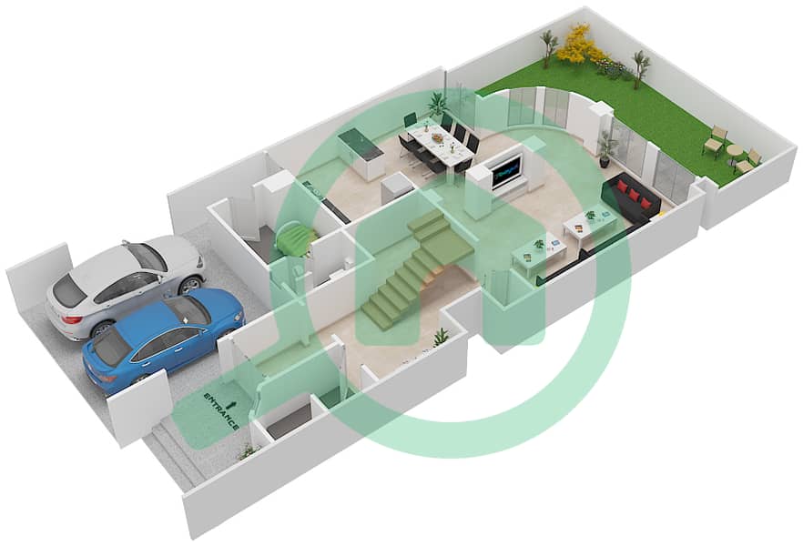 المخططات الطابقية لتصميم النموذج A1 فیلا 4 غرف نوم - قرية خالدية Ground Floor interactive3D