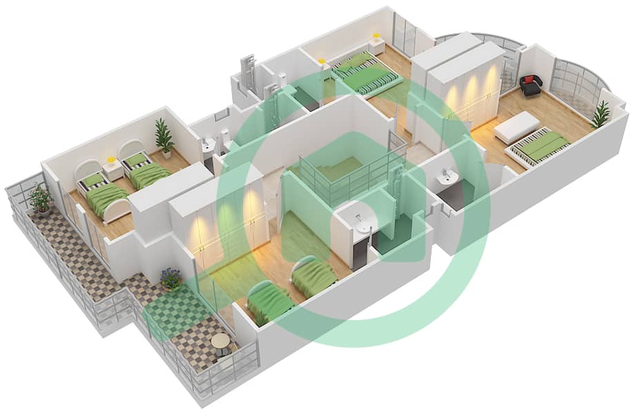 المخططات الطابقية لتصميم النموذج A1 فیلا 4 غرف نوم - قرية خالدية First Floor interactive3D