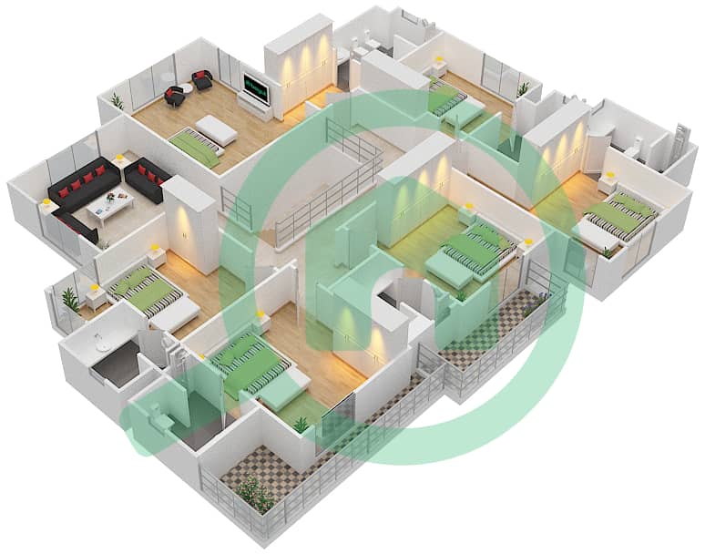 المخططات الطابقية لتصميم النموذج C فیلا 6 غرف نوم - قرية خالدية First Floor interactive3D