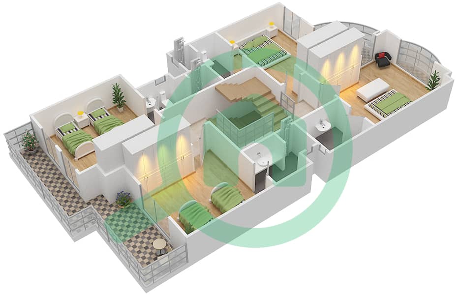 المخططات الطابقية لتصميم النموذج A2 فیلا 5 غرف نوم - قرية خالدية First Floor interactive3D