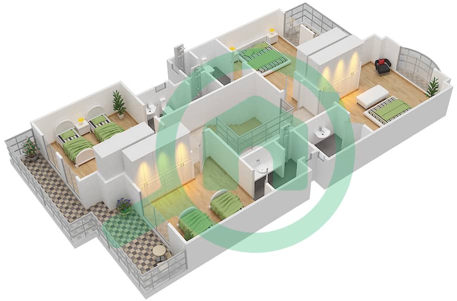 Халидия Вилладж - Вилла 4 Cпальни планировка Тип A3 First Floor interactive3D