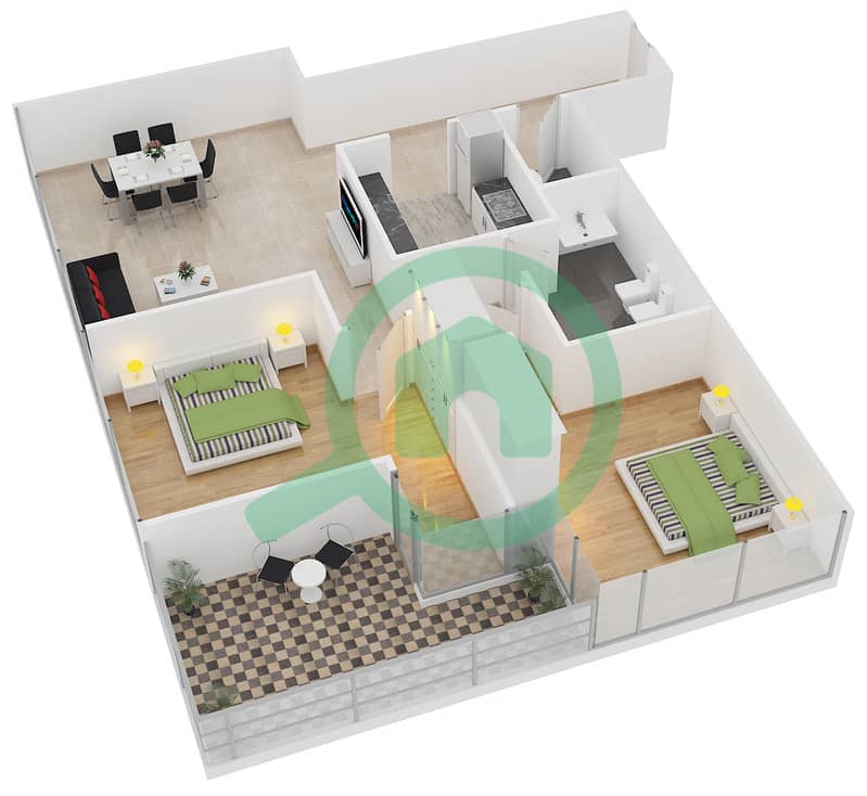 Саба Тауэр 3 - Апартамент 2 Cпальни планировка Тип 8 Floor 1-26 interactive3D