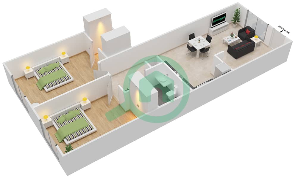 المخططات الطابقية لتصميم النموذج E شقة 2 غرفة نوم - فوكس هيل 1 interactive3D