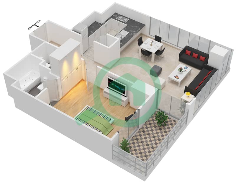 المخططات الطابقية لتصميم الوحدة 4/FLOOR 3-15,17-37 شقة 1 غرفة نوم - مساكن خور دبي 1 شمال interactive3D