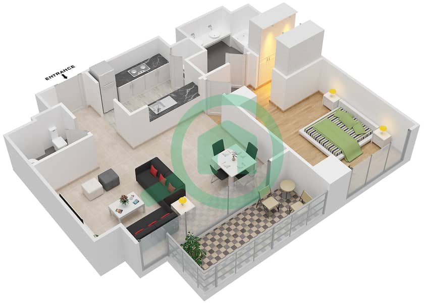 المخططات الطابقية لتصميم الوحدة 5 FLOOR 4-15,17-37 شقة 1 غرفة نوم - مساكن خور دبي 1 شمال interactive3D