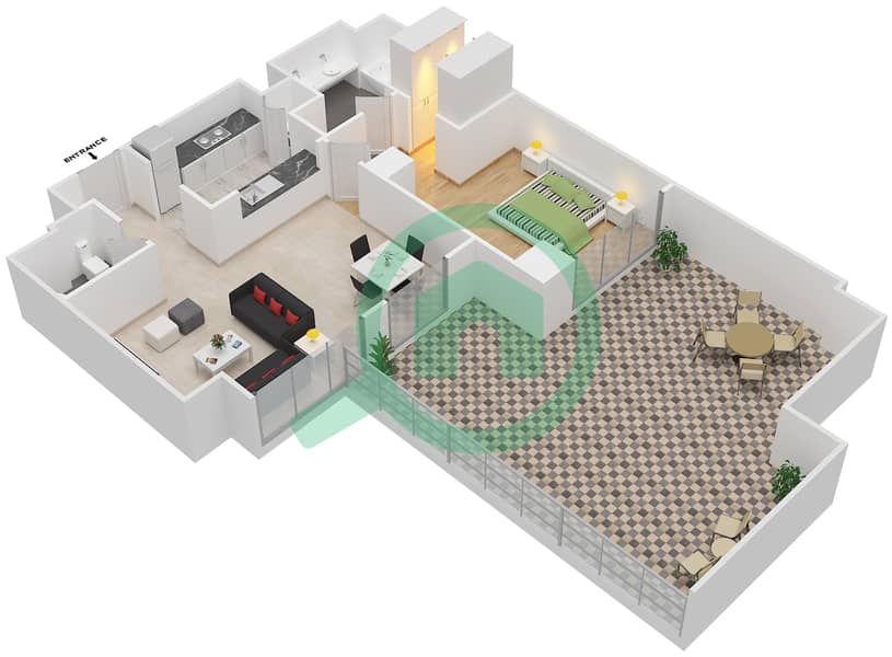 المخططات الطابقية لتصميم الوحدة 5 شقة 1 غرفة نوم - مساكن خور دبي 1 شمال interactive3D