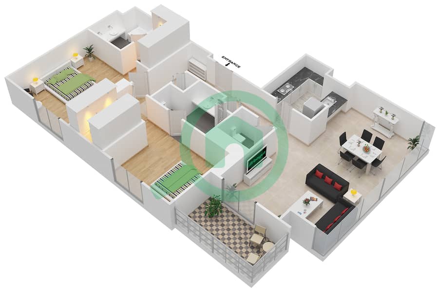 المخططات الطابقية لتصميم الوحدة 1/FLOOR 6-26,35-37 شقة 2 غرفة نوم - مساكن خور دبي 1 شمال interactive3D