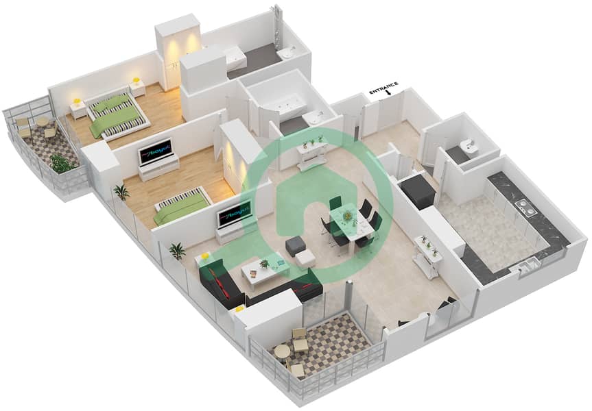 المخططات الطابقية لتصميم الوحدة 3/FLOOR 3-15,17-34 شقة 2 غرفة نوم - مساكن خور دبي 1 شمال interactive3D