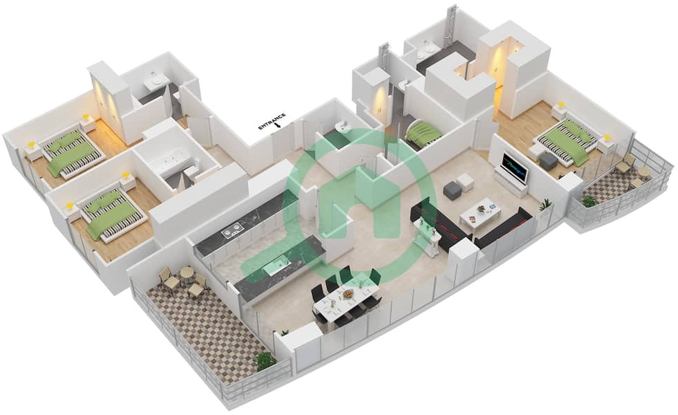 迪拜溪畔公寓1号北大厦 - 3 卧室公寓单位2 FLOOR 3-15,17-34戶型图 interactive3D