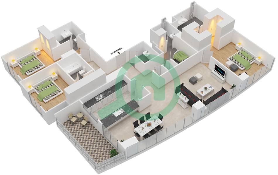 Дубай Крик Резиденс Тауэр 1 Норт - Апартамент 3 Cпальни планировка Единица измерения 2 FLOOR 35-37 interactive3D