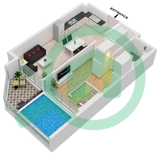 المخططات الطابقية لتصميم النموذج 01 FLOOR 1-17 شقة 1 غرفة نوم - سمانا سكايروس Unit 01 Floor 1-17 interactive3D