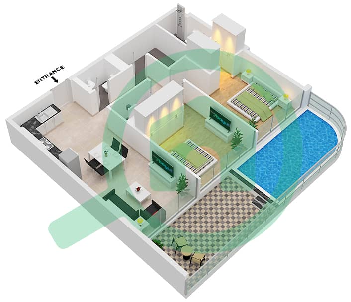 المخططات الطابقية لتصميم الوحدة 09 FLOOR 2-17 شقة 2 غرفة نوم - سمانا سكايروس Unit 09 Floor 2-17 interactive3D