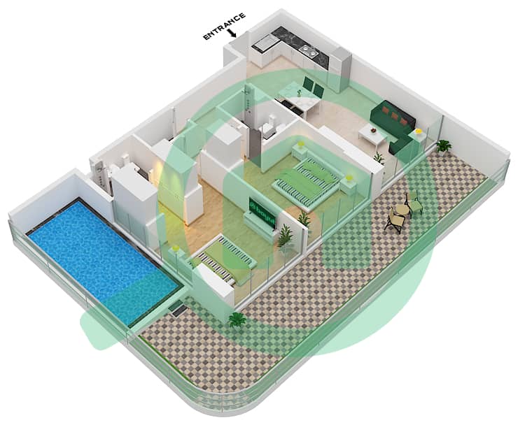 المخططات الطابقية لتصميم الوحدة 23 FLOOR 2-17 شقة 2 غرفة نوم - سمانا سكايروس Unit 23 Floor 2-17 interactive3D