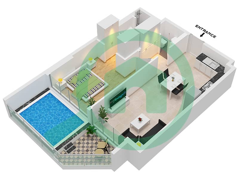 المخططات الطابقية لتصميم الوحدة 09, 20 FLOOR 1 شقة 1 غرفة نوم - سمانا سكايروس Unit 09, 20 Floor 1 interactive3D