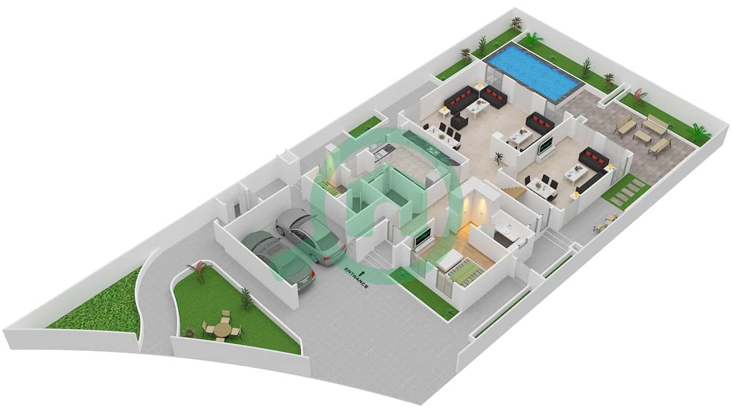 المخططات الطابقية لتصميم النموذج / الوحدة E/7 فیلا 4 غرف نوم - بحيرة أورانج Ground Floor interactive3D