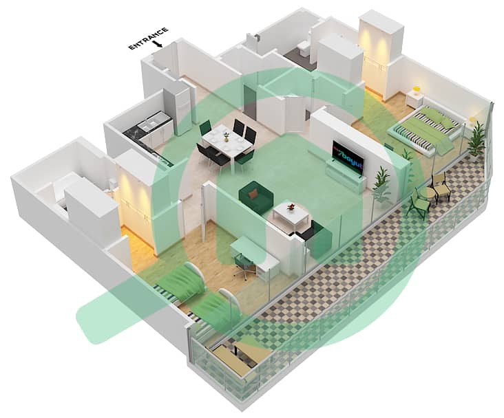 المخططات الطابقية لتصميم النموذج / الوحدة A1 UNIT 10 FLOOR 18 شقة 2 غرفة نوم - العنوان ريزيدنسز ذا باي A1 Unit 10 Floor 18 interactive3D
