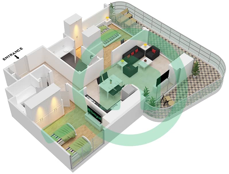 المخططات الطابقية لتصميم النموذج / الوحدة A8 UNIT 6 FLOOR 17 شقة 2 غرفة نوم - العنوان ريزيدنسز ذا باي A8 Unit 6 Floor 17 interactive3D
