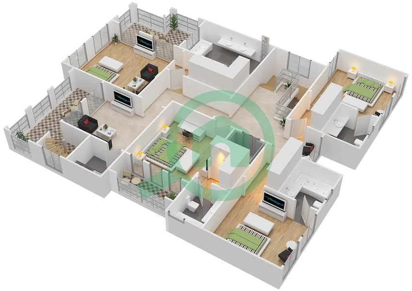 المخططات الطابقية لتصميم النموذج / الوحدة D/25 فیلا 5 غرف نوم - بحيرة أورانج First Floor interactive3D